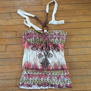 EUC Almost Famous White Halter Camisole with Pink & Olive Pattern